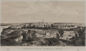 Ville d’Ottawa, Canada Ouest (Basse-Ville), 1855, Edwin Whitefield, une lithographie, Musée Bytown, P436. 